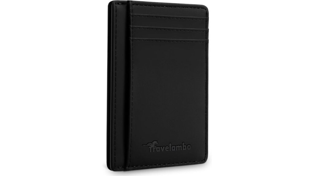Travelambo Slim Wallet in leather with RFID blocking technology, designed for front pocket use and minimalistic style.